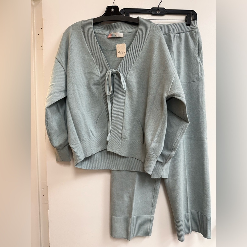 Free People Solar Sweater TOP AND PANT SET in Icy Lake - Picture 4 of 10